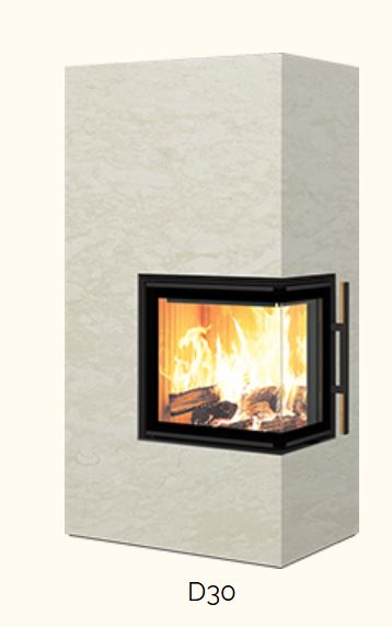 Kaminofen D30 Kaminofen D30 in heller Steinverkleidung, Eckscheibe rechts, sichtbares Feuer
