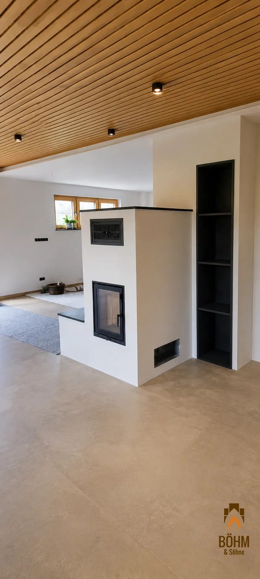 Kamin mit Natursteinholzlager