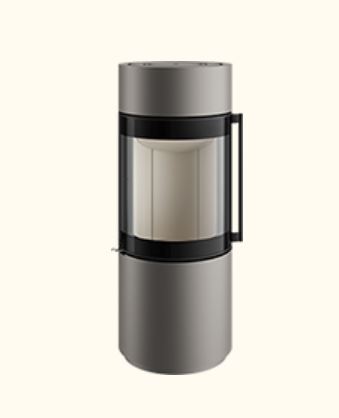 Spartherm Passo-XS-Perle Kaminofen mit Panoramascheibe Kaminofen Spartherm Passo XS Perle Grauer, runder Kaminofen mit breiter Panoramascheibe für 180°-Blick auf die Flammen