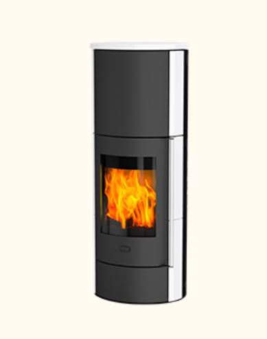 Ritual Design-Kaminofen schwarz/weiß Ritual Hoher, runder Kaminofen in Schwarz mit weißen Seitenpaneelen und großem Sichtfenster mit Flammen